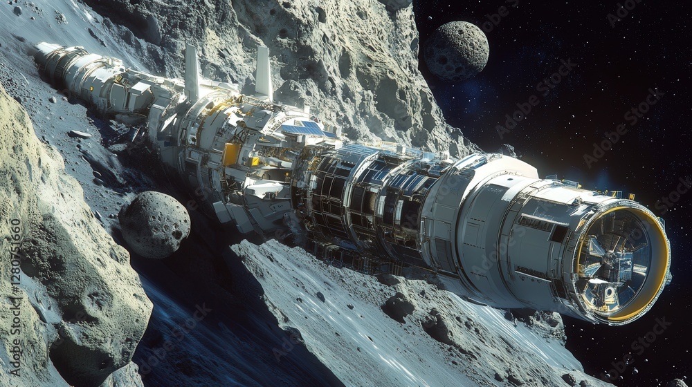 Poster spacecraft that serves as a mobile factory for processing resources found on asteroids, capable of p