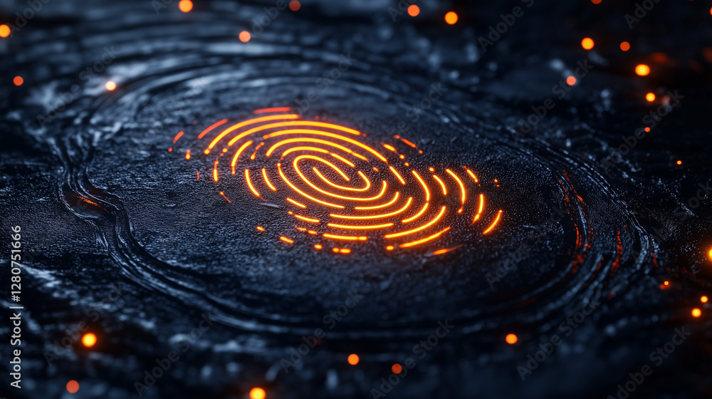 Aufkleber glowing red fingerprint on a dark, textured background with color particles. represents biometrics, 