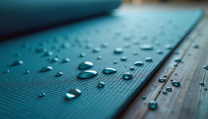  Blue yoga mat with water droplets on wooden floor.

