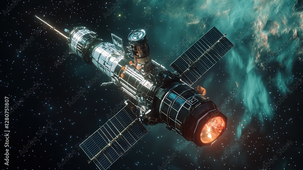 Poster spacecraft used to perform high-energy particle experiments in deep space, featuring cutting-edge de
