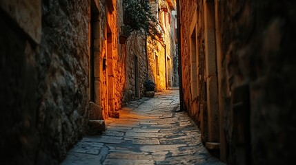 narrow alley in an ancient town, lit by the warm glow of sunset. Shadows dance on old stone walls as the evening begins.