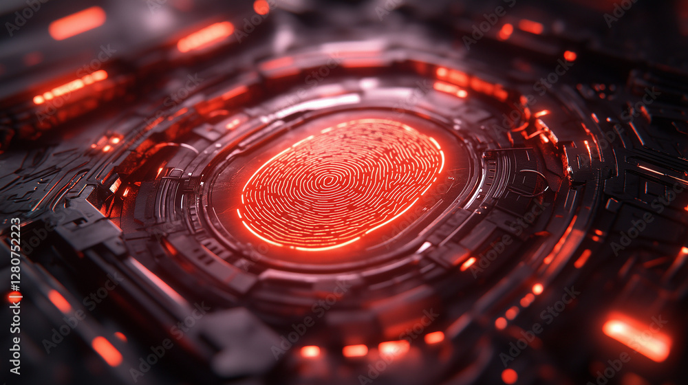 Aufkleber glowing red fingerprint on a dark, textured background with color particles. represents biometrics, 