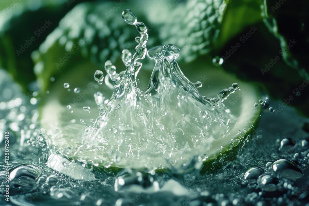 Poster a slice of lime floating in water with water splashing around it