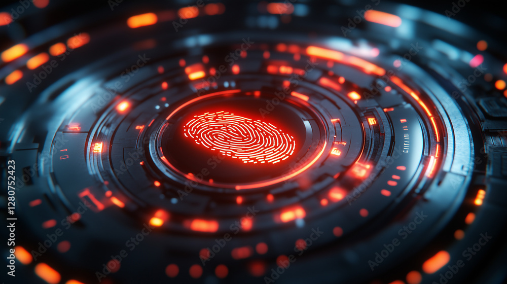 Aufkleber glowing red fingerprint on a dark, textured background with color particles. represents biometrics, 