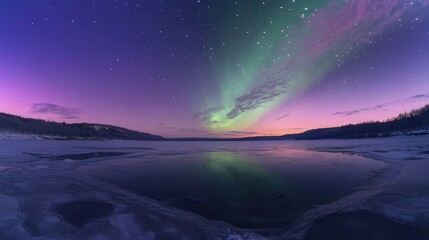 Fototapeta premium night sky glowing with soft hues of green and violet from the aurora borealis, reflected in a frozen lake.