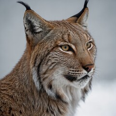 Naklejka premium A lynx looking sideways, its gaze intense and focused, with a white background.