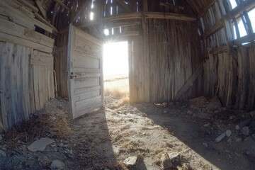An old, dilapidated barn with an open doorway, perfect for rural or rustic-themed projects