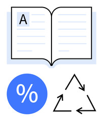 Open book with letter A shows education, blue percentage sign represents data and statistics, black recycling symbol conveys sustainability Ideal for education, finance, environment, literacy, data