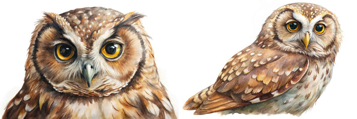 Realistic owl illustrations, detailed watercolor art, vibrant colors, wildlife portrait, nature-themed decor.