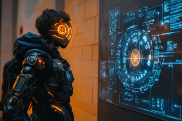 Futuristic Robot Analyzing Digital Interface