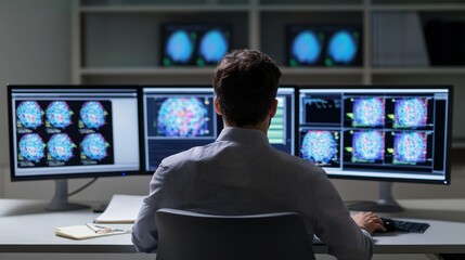 Autism research in a neuroscience lab, a scientist analyzing genetic data on a screen. Featuring discovery and focus