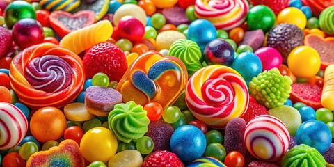 Fototapeta premium Colorful Candy Background: Sweet Treats, Gummy, Jelly Beans, Lollipop, Dessert