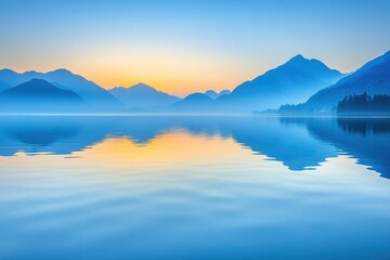 Fototapeta premium Serene Landscape with Misty Mountains and Calm Water Reflection