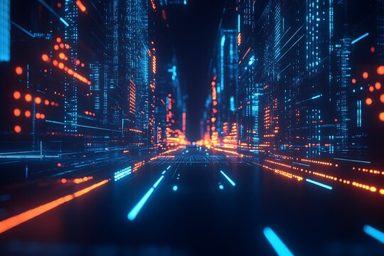 Digital city street glow at night