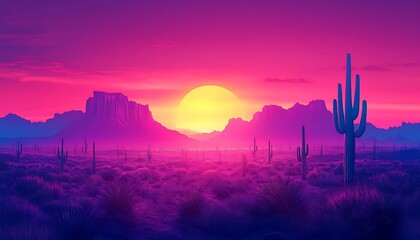 Desert Sunrise, Vivid Colors, Cactus, Mountains