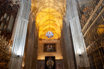 the gigantic arcades inside the Cathedral of Santa Maria of Seville