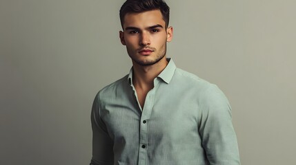 Fototapeta premium Stylish young man in a light green shirt posing against a neutral background, showcasing modern fashion