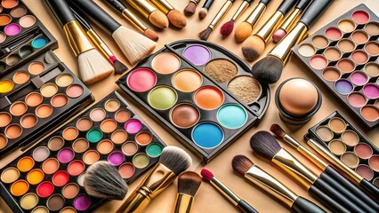 Elegant Makeup Brush & Cosmetic Set on Beige Background - Professional Beauty Tools