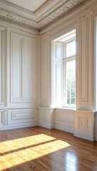 Empty Room with Ornate Trim and Hardwood Flooring.