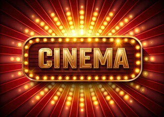 Golden Retro Cinema Banner with Light Rays - 3D Rendered Stock Photo