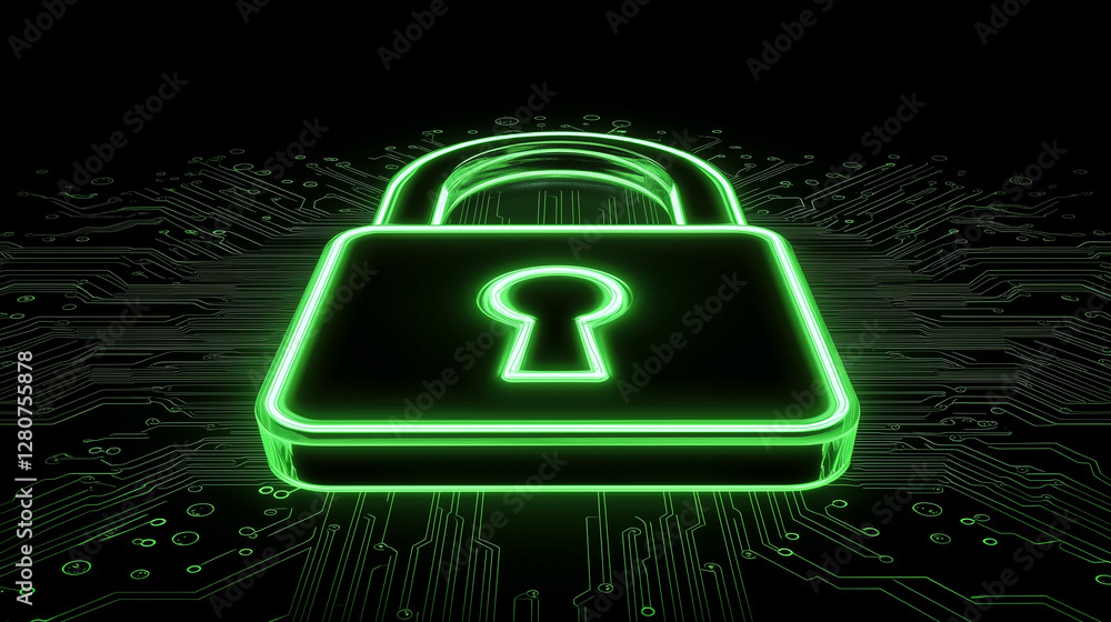 Poster green neon lock icon on a dark background with circuit board patterns. security and technology theme