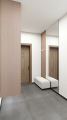 The image showcases a modern hallway with beige paneling, a wooden door with geometric carvings, a white bench, and a large mirror reflecting the space, enhancing its light and openness