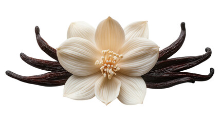 Beautiful vanilla flower with pods arranged artistically for a creative culinary presentation