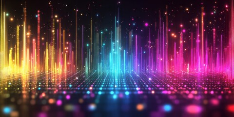 Obraz premium Vibrant Digital Cityscape: A Symphony of Neon Lights and Glowing Pixels