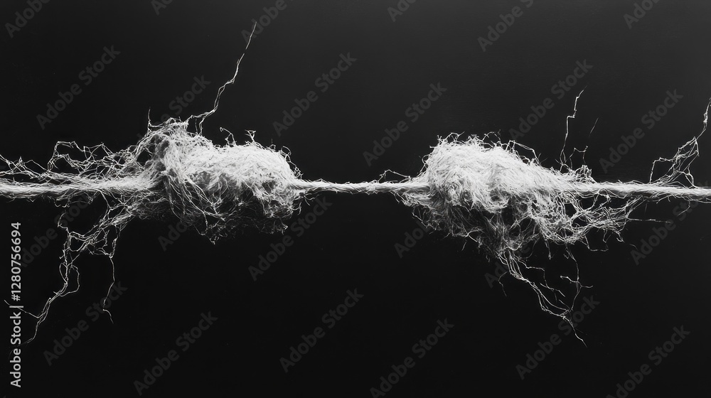 Poster two strands of white fibers are suspended midair, intricately twisted together, creating a striking 