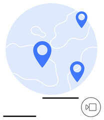 Blue map with three location pins and video icon, suggesting navigation, collaboration, or global connections. Ideal for logistics, travel, geolocation, virtual meetings, teamwork education