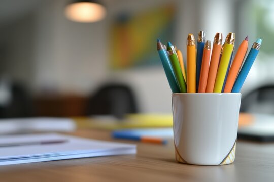 Colorful Pencils in White Cup on Table with Blurred Background