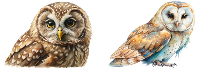 Realistic owl illustrations, detailed watercolor style, nature artwork, animal portraits, wildlife art for decor.