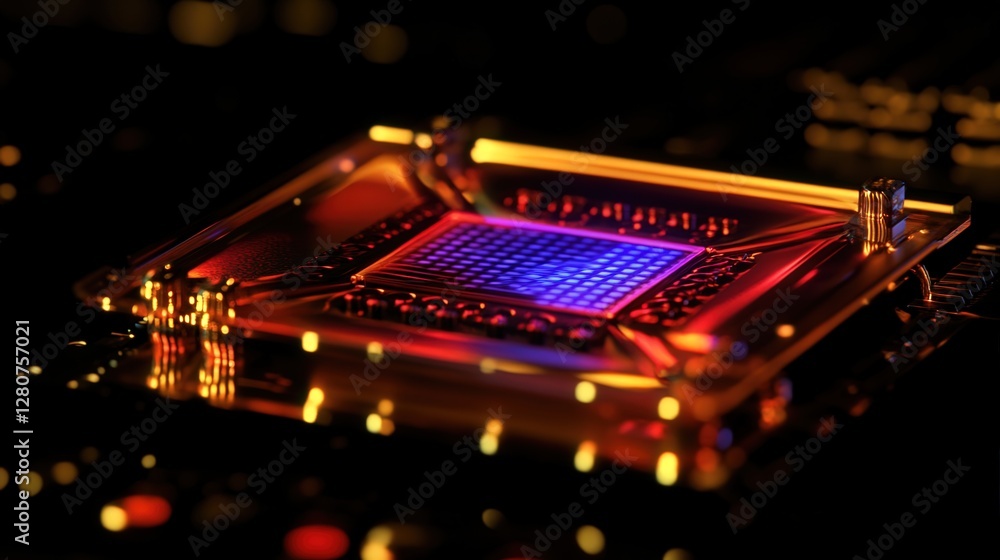 Poster quantum teleportation microchip, instantly transferring data across vast distances without delay.