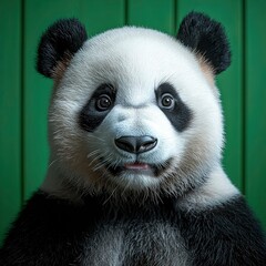 Fototapeta premium Adorable Giant Panda Cub Close-up Portrait Against Green Background