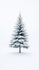 Obraz premium Winter serenity of a lone snow-covered pine tree in pristine landscape