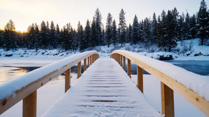 Serene winter landscape with snow covered bridge in tranquil forest setting