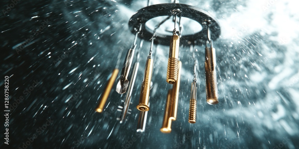 Poster a close-up view of a wind chime's intricate design and sound-producing components