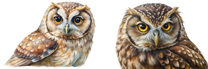 Realistic owl illustrations, detailed watercolor art, wildlife portrait, nature-inspired design, high-quality animal depiction.