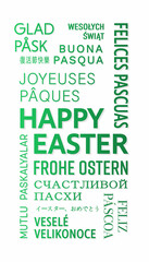Vertical illustration of Happy Easter message in different languages - keywords cloud with green text on white background - vacation concept.