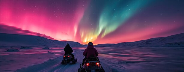 Snowmobiles under vibrant auroras at night.