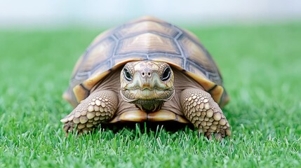 Fototapeta premium Tortoise on green grass, close up, wildlife