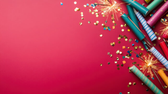 Festive celebration with colorful firecrackers and sparklers on vibrant red background