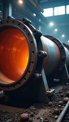 Fototapeta premium Massive steel pipe joint installation, industrial valve setting , plant, nuts, installation