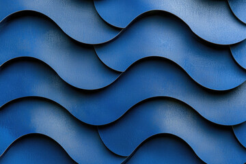 Obraz premium Abstract waves, blue geometric pattern, curved shapes, 3D effect, undulating surface, repetitive design, textured background, shadow and light interplay, minimalist aesthetic, architectural detail
