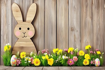 A wooden bunny surrounded by vibrant flowers and decorated eggs on a wooden background.