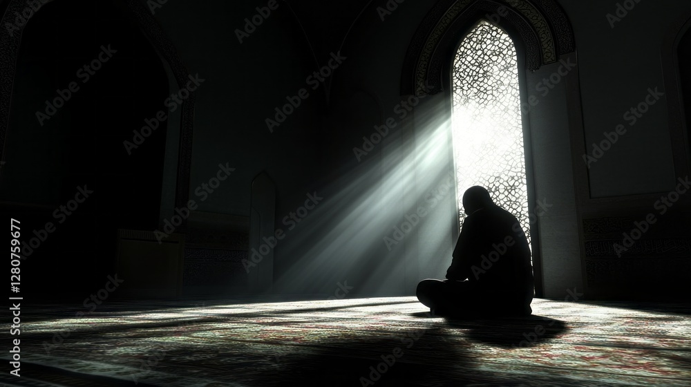 Poster a man humbly kneels in deep prayer, his silhouette outlined by soft beams of sunlight cascading thro