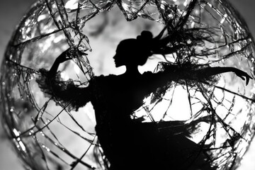 A woman trapped inside a shattered glass ball, a symbol of isolation and confinement