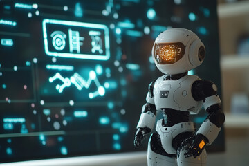 AI Robot Analyzing Data on Futuristic Screen
