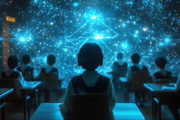 Futuristic Classroom with Starry Hologram Walls