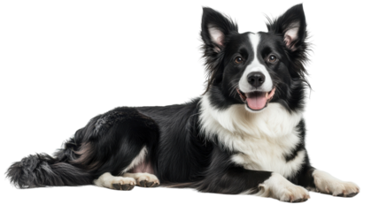 Playful border collie poses charmingly on white background with a joyous expression